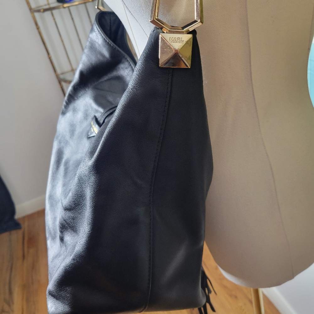 Karl Lagerfeld Paris Devon Hobo Bag Black With Tassels & Gold Hardware Purse - Picture 9 of 16